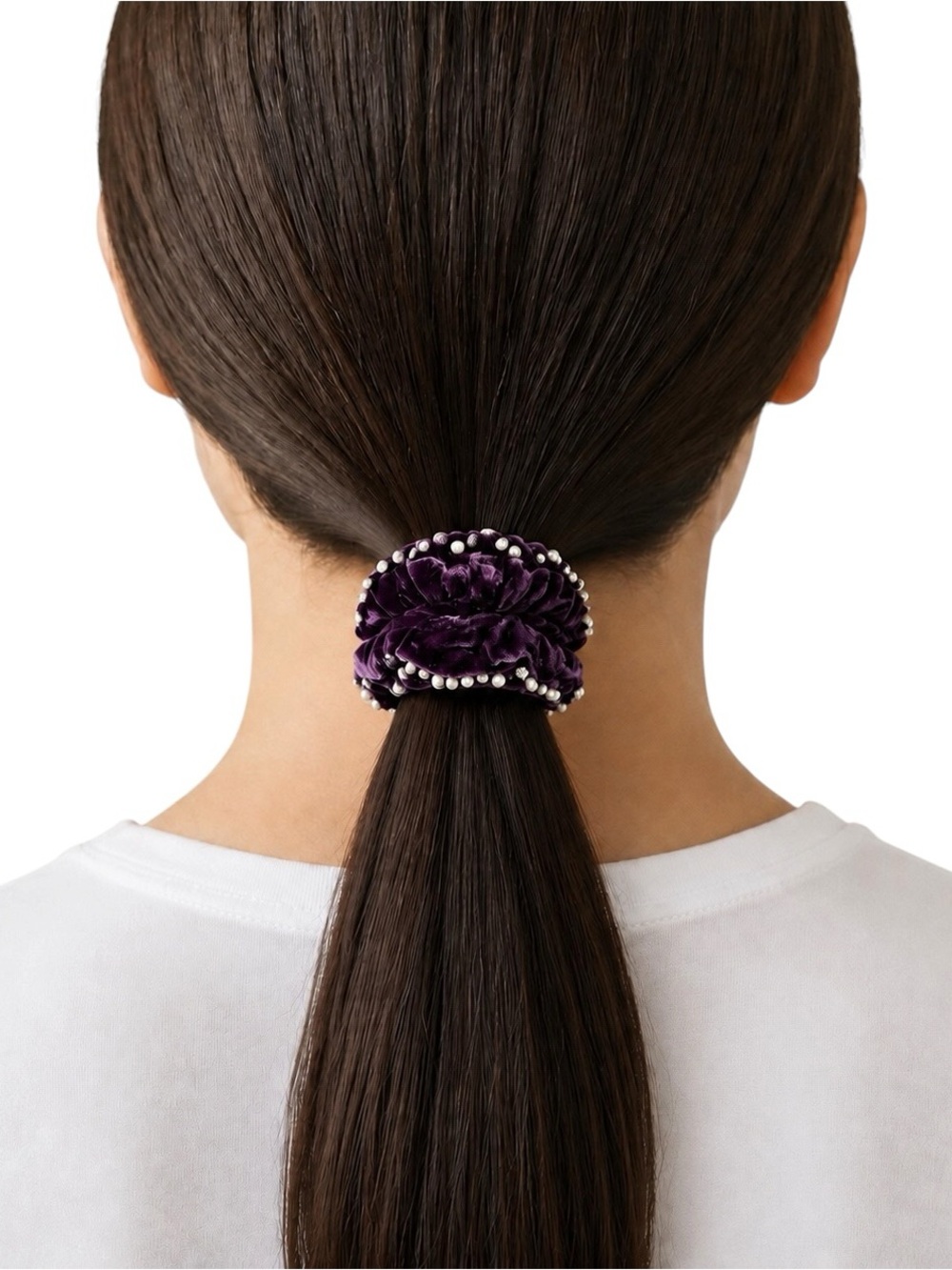 New Dark Purple Velvet Allover White Pearl Rhinestone Comfy Scrunchie Hair Tie